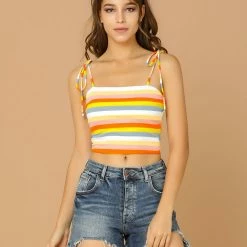 Allegra K Rainbow Striped Summer Cami Crop Top