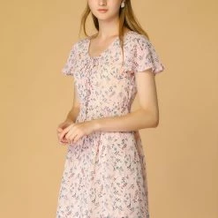 Allegra K Floral Lace-up V-neck Flouncing Sleeve Chiffon Dress Clothing 92 Allegra K Floral Lace-up V-neck Flouncing Sleeve Chiffon Dress Clothing