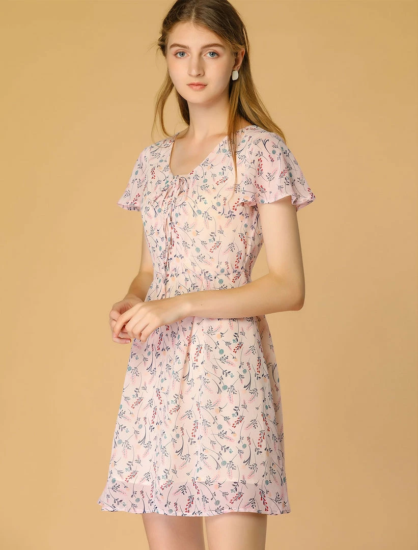 Allegra K Floral Lace-up V-neck Flouncing Sleeve Chiffon Dress Clothing 16 Allegra K Floral Lace-up V-neck Flouncing Sleeve Chiffon Dress Clothing
