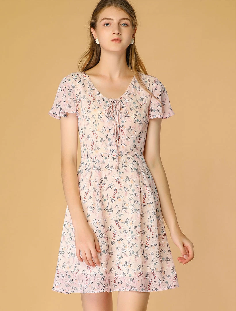 Allegra K Floral Lace-up V-neck Flouncing Sleeve Chiffon Dress Clothing 17 Allegra K Floral Lace-up V-neck Flouncing Sleeve Chiffon Dress Clothing
