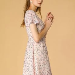 Allegra K Floral Lace-up V-neck Flouncing Sleeve Chiffon Dress Clothing 94 Allegra K Floral Lace-up V-neck Flouncing Sleeve Chiffon Dress Clothing