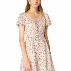 Allegra K Floral Lace-up V-neck Flouncing Sleeve Chiffon Dress Clothing 91 Allegra K Floral Lace-up V-neck Flouncing Sleeve Chiffon Dress Clothing