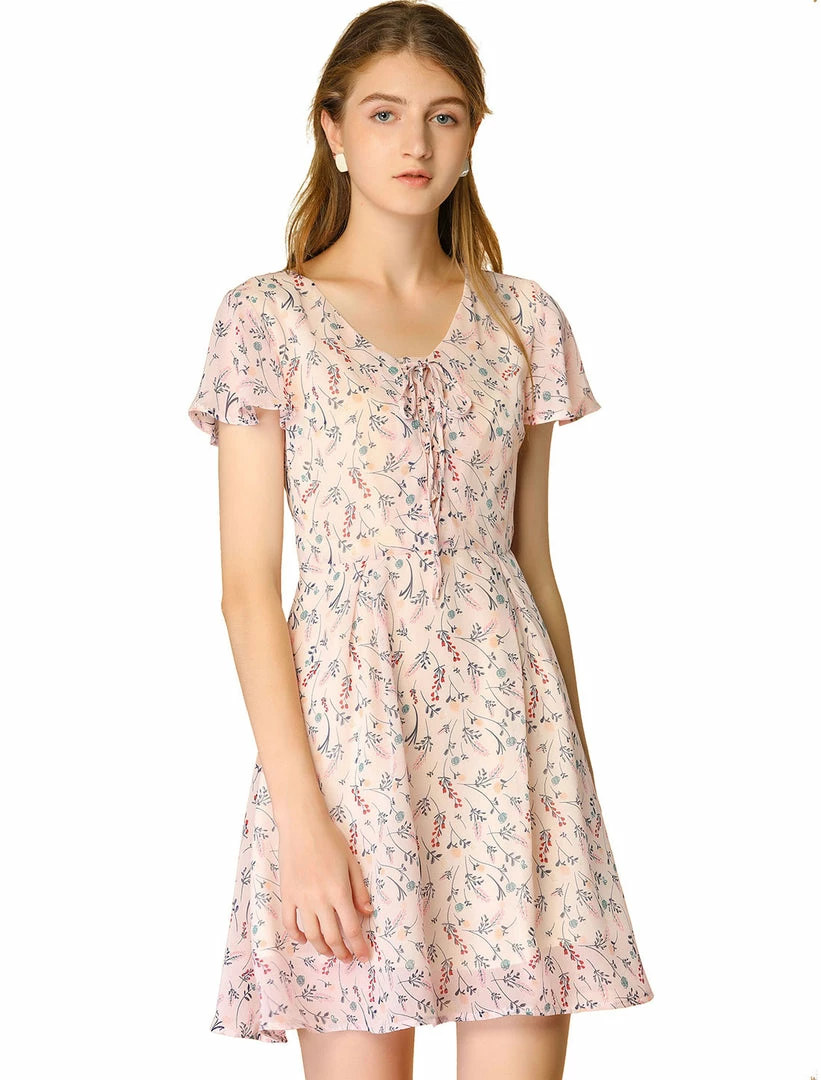 Allegra K Floral Lace-up V-neck Flouncing Sleeve Chiffon Dress Clothing 15 Allegra K Floral Lace-up V-neck Flouncing Sleeve Chiffon Dress Clothing