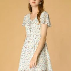 Allegra K Floral Lace-up V-neck Flouncing Sleeve Chiffon Dress Clothing 86 Allegra K Floral Lace-up V-neck Flouncing Sleeve Chiffon Dress Clothing