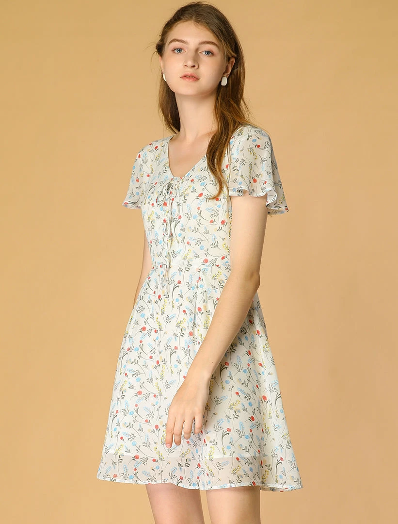 Allegra K Floral Lace-up V-neck Flouncing Sleeve Chiffon Dress Clothing 10 Allegra K Floral Lace-up V-neck Flouncing Sleeve Chiffon Dress Clothing