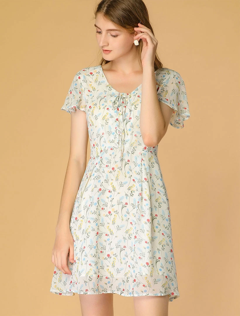 Allegra K Floral Lace-up V-neck Flouncing Sleeve Chiffon Dress Clothing 11 Allegra K Floral Lace-up V-neck Flouncing Sleeve Chiffon Dress Clothing