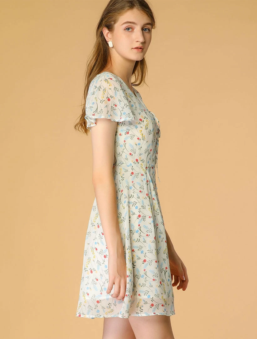 Allegra K Floral Lace-up V-neck Flouncing Sleeve Chiffon Dress Clothing 12 Allegra K Floral Lace-up V-neck Flouncing Sleeve Chiffon Dress Clothing