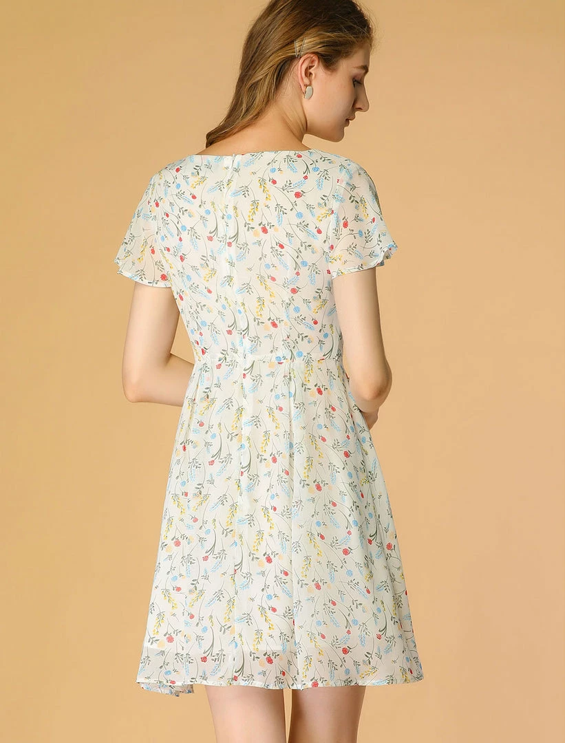 Allegra K Floral Lace-up V-neck Flouncing Sleeve Chiffon Dress Clothing 13 Allegra K Floral Lace-up V-neck Flouncing Sleeve Chiffon Dress Clothing