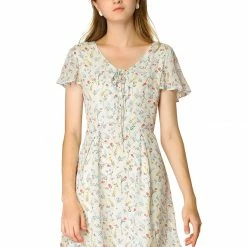 Allegra K Floral Lace-up V-neck Flouncing Sleeve Chiffon Dress Clothing 85 Allegra K Floral Lace-up V-neck Flouncing Sleeve Chiffon Dress Clothing