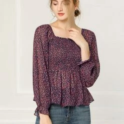 Women Allegra K Square Neck Long Bell Sleeve Floral Print Smocked Blouse