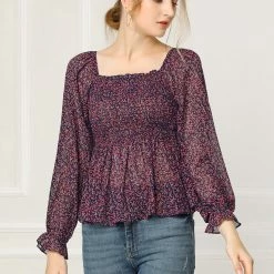 Women Allegra K Square Neck Long Bell Sleeve Floral Print Smocked Blouse