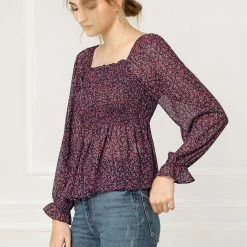 Women Allegra K Square Neck Long Bell Sleeve Floral Print Smocked Blouse