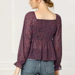 Women Allegra K Square Neck Long Bell Sleeve Floral Print Smocked Blouse