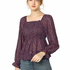 Women Allegra K Square Neck Long Bell Sleeve Floral Print Smocked Blouse
