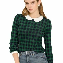 Allegra K Women's Peter Pan Collar Contrast Puff Sleeve Plaid Shirt Blouse
