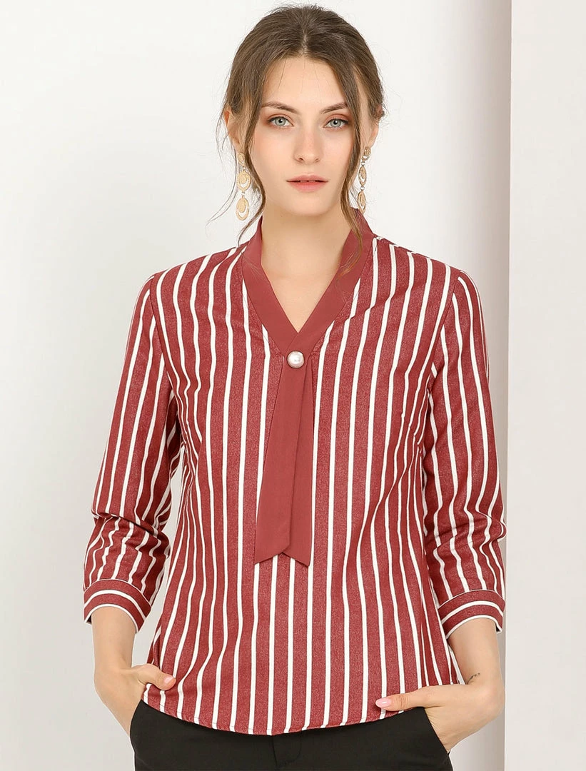 Allegra K Women's Stripe Tie V Neck 3/4 Sleeves Work Office Blouse Top 5 Allegra K Women's Stripe Tie V Neck 3/4 Sleeves Work Office Blouse Top