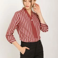 Allegra K Women's Stripe Tie V Neck 3/4 Sleeves Work Office Blouse Top 12 Allegra K Women's Stripe Tie V Neck 3/4 Sleeves Work Office Blouse Top