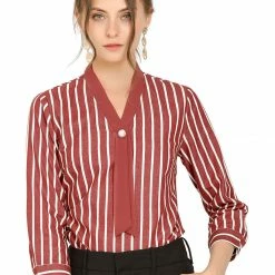 Allegra K Women's Stripe Tie V Neck 3/4 Sleeves Work Office Blouse Top