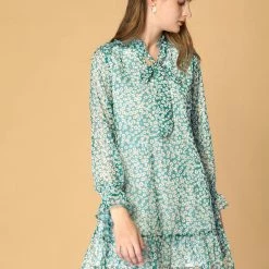 Allegra K Women's Ruffle Tie Neck Loose Shift Floral Dress