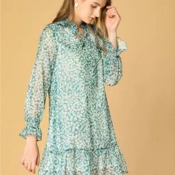 Allegra K Women's Ruffle Tie Neck Loose Shift Floral Dress