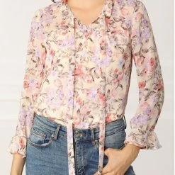 Allegra K Long Sleeve Tie Neck Ruffle Collar Floral Print Top