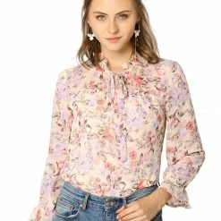 Allegra K Long Sleeve Tie Neck Ruffle Collar Floral Print Top