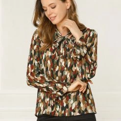 Allegra K Tie V Neck Blouse Long Trumpet Sleeve Floral Shirt Women