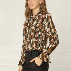 Allegra K Tie V Neck Blouse Long Trumpet Sleeve Floral Shirt Women