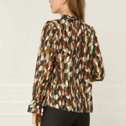 Allegra K Tie V Neck Blouse Long Trumpet Sleeve Floral Shirt Women