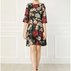Allegra K Women's Floral Half Sleeve Dresses Vintage Boat Neck Flare Dress