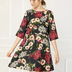 Allegra K Women's Floral Half Sleeve Dresses Vintage Boat Neck Flare Dress