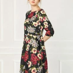 Allegra K Women's Floral Half Sleeve Dresses Vintage Boat Neck Flare Dress