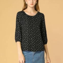 Allegra K Women's Sweet Ruffle Round Neck Elastic Floral Blouse Top