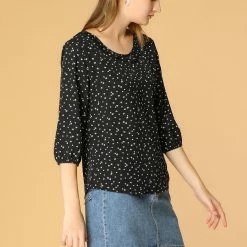 Allegra K Women's Sweet Ruffle Round Neck Elastic Floral Blouse Top