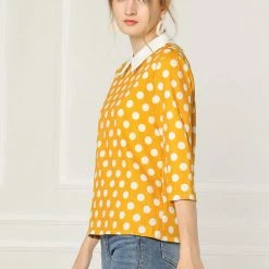 Allegra K Women 3/4 Sleeves Contrast Collar Polka Dots Blouse Tops 77 Allegra K Women 3/4 Sleeves Contrast Collar Polka Dots Blouse Tops
