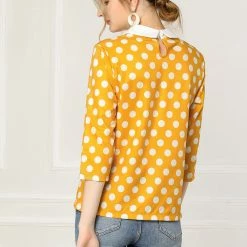 Allegra K Women 3/4 Sleeves Contrast Collar Polka Dots Blouse Tops 78 Allegra K Women 3/4 Sleeves Contrast Collar Polka Dots Blouse Tops