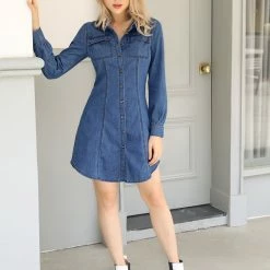 Allegra K Women's Bishop Sleeve Casual Chest Pocket Denim Shirt Dress
