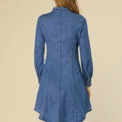 Allegra K Women's Bishop Sleeve Casual Chest Pocket Denim Shirt Dress