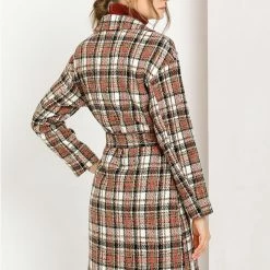 Allegra K Women's Plaid Cardigan Notch Lapel Open Front Trench Pea Coat Outerwear With Belt