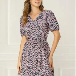 Allegra K Women's Leopard Tie Waist Puff Sleeves V Neck A-Line Dress 28 Allegra K Women's Leopard Tie Waist Puff Sleeves V Neck A-Line Dress