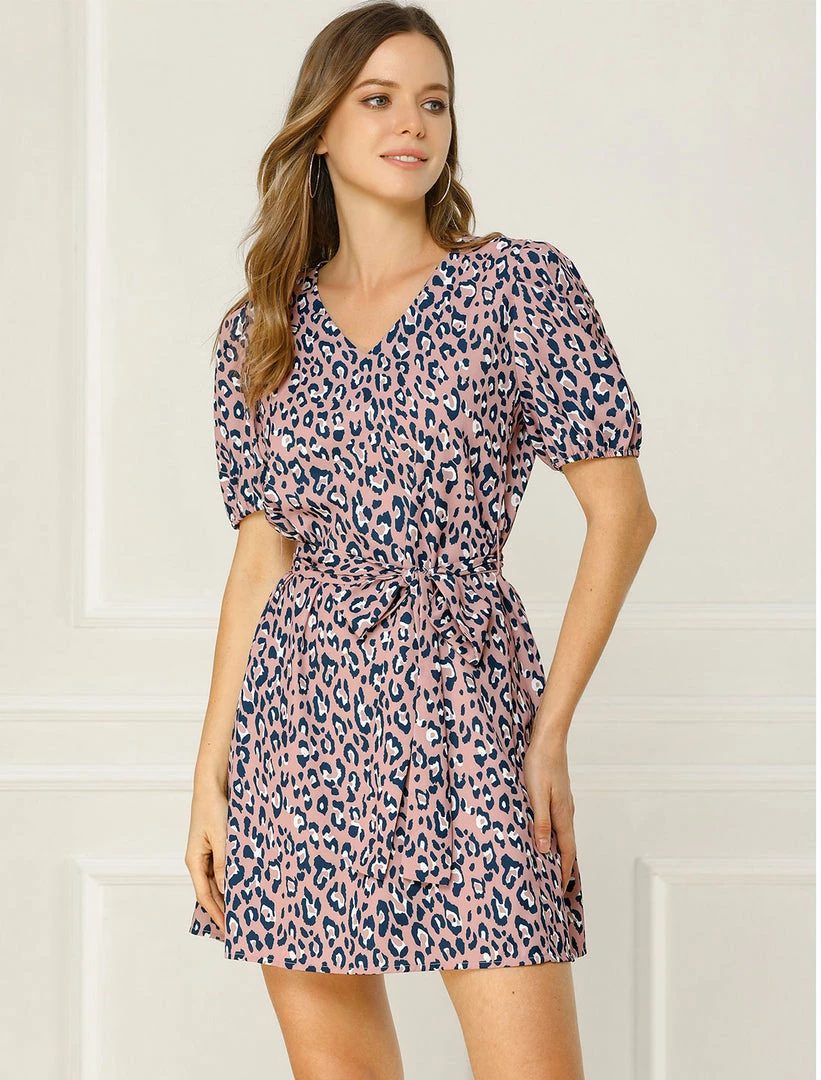 Allegra K Women's Leopard Tie Waist Puff Sleeves V Neck A-Line Dress 11 Allegra K Women's Leopard Tie Waist Puff Sleeves V Neck A-Line Dress