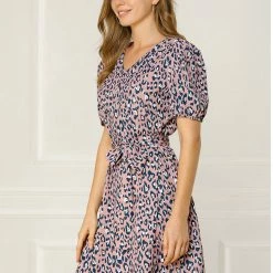 Allegra K Women's Leopard Tie Waist Puff Sleeves V Neck A-Line Dress 29 Allegra K Women's Leopard Tie Waist Puff Sleeves V Neck A-Line Dress