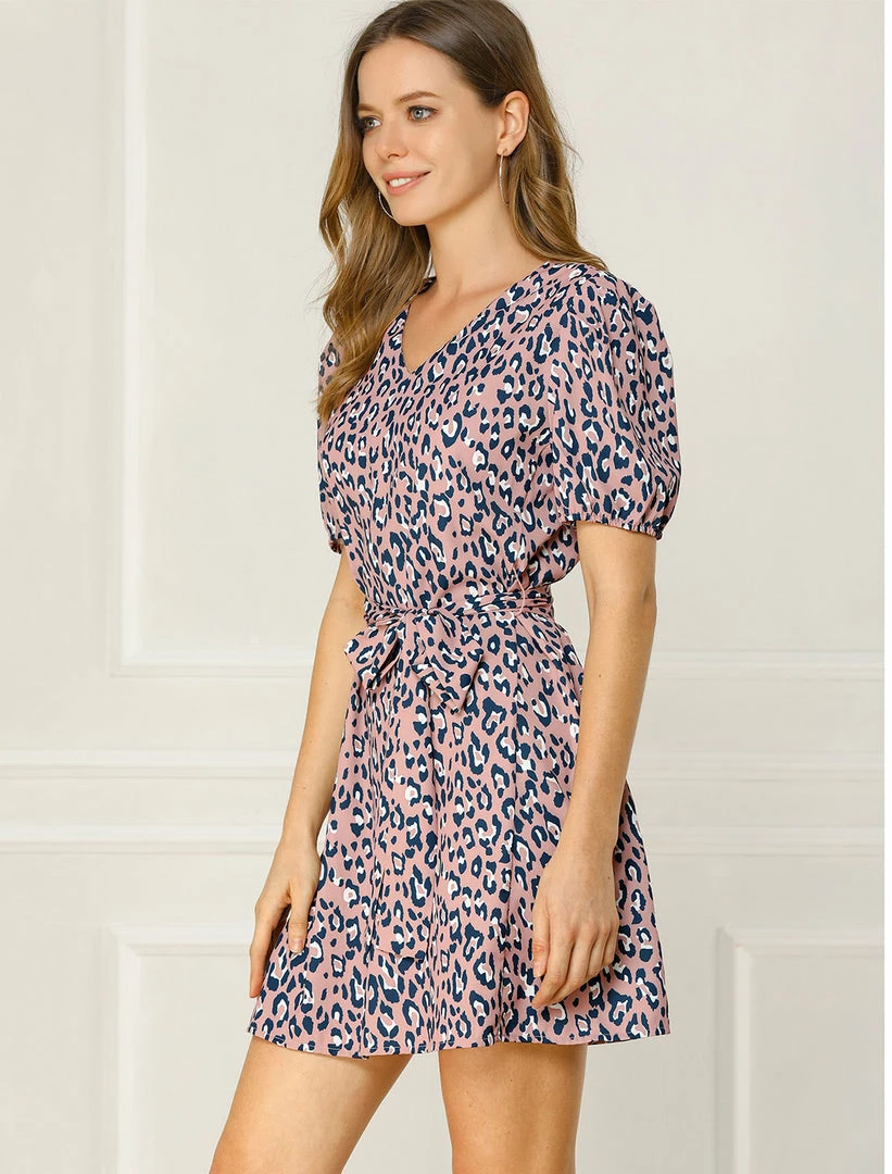 Allegra K Women's Leopard Tie Waist Puff Sleeves V Neck A-Line Dress 12 Allegra K Women's Leopard Tie Waist Puff Sleeves V Neck A-Line Dress
