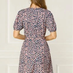 Allegra K Women's Leopard Tie Waist Puff Sleeves V Neck A-Line Dress 30 Allegra K Women's Leopard Tie Waist Puff Sleeves V Neck A-Line Dress