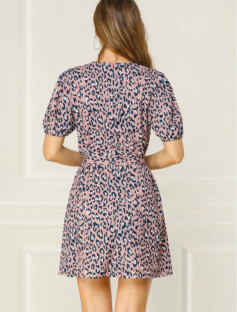 Allegra K Women's Leopard Tie Waist Puff Sleeves V Neck A-Line Dress 13 Allegra K Women's Leopard Tie Waist Puff Sleeves V Neck A-Line Dress
