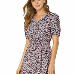 Allegra K Women's Leopard Tie Waist Puff Sleeves V Neck A-Line Dress 26 Allegra K Women's Leopard Tie Waist Puff Sleeves V Neck A-Line Dress