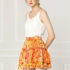 Allegra K Women's Fresh Floral Print Skirt Elastic High Waist Layer Ruffle A-Line Mini Short Skirts