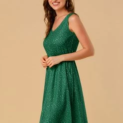 Allegra K Women's Midi Polka Dots V-Neck Tie Waist Dress