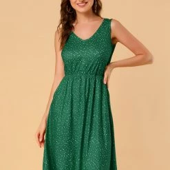 Allegra K Women's Midi Polka Dots V-Neck Tie Waist Dress