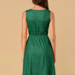 Allegra K Women's Midi Polka Dots V-Neck Tie Waist Dress